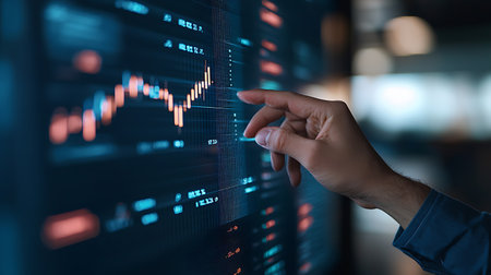 Close up of businessman hand touching virtual screen with forex chart. Trade and finance conceptの写真素材