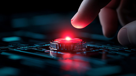 Close up of hand pressing button on a computer keyboard with red lightの写真素材