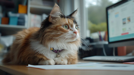 Beautiful red cat lying on the table with laptop and documents.の写真素材