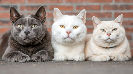 Portrait of three cats on brick wall background, shallow depth of fieldの写真素材
