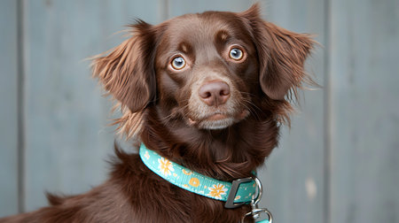 Cute brown dog with a collar on a blue wooden background.