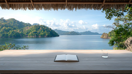 Book and glass of water on wooden deck with beautiful view of the sea.の写真素材