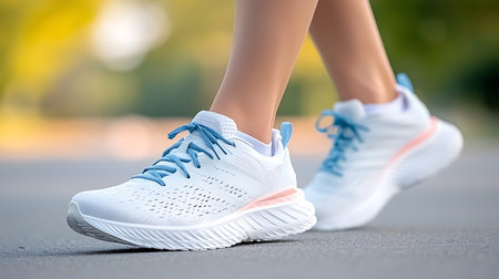 Running shoes. Close up of female legs in sport shoes running outdoors