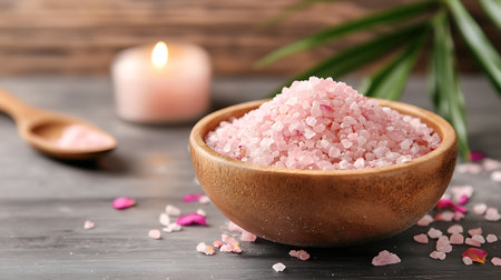 Bowl with bath salt and burning candle on wooden table, closeupの写真素材