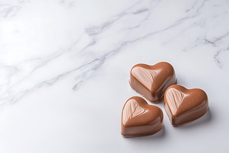 Chocolate hearts on white marble background, Valentine's day concept.の写真素材