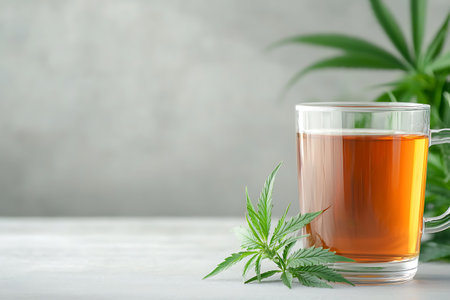 Cannabis tea in glass cup and green leaves on light backgroundの写真素材
