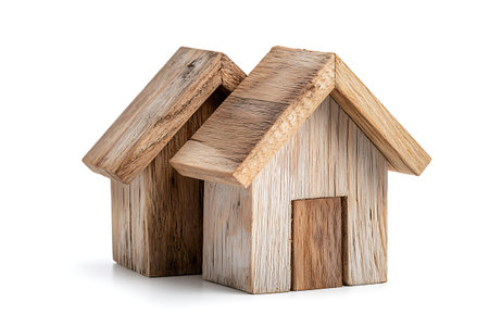 Wooden house model isolated on white background, clipping path included.の写真素材