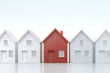 3D rendering of a row of white houses with a red roof.の写真素材