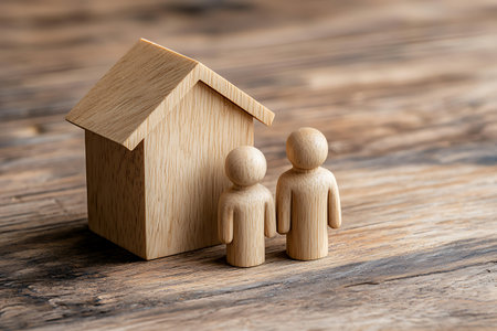 Wooden figures of a man and a woman stand next to a wooden house. The concept of buying or selling real estate.の写真素材