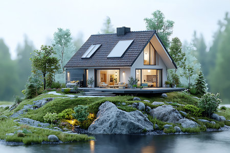 3d rendering of modern cozy chalet with pool and parking for sale or rent. Beautiful forest on background. Clear summer evening with cozy light from window.の写真素材