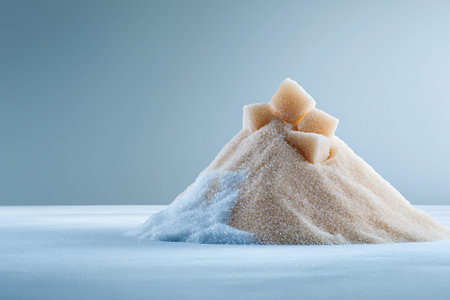 Pile of brown sugar on a blue background. Selective focus.の写真素材