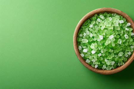 Green bath salt in wooden bowl on green background. Top view.の写真素材