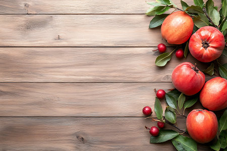 Ripe pomegranates with leaves and berries on wooden backgroundの写真素材
