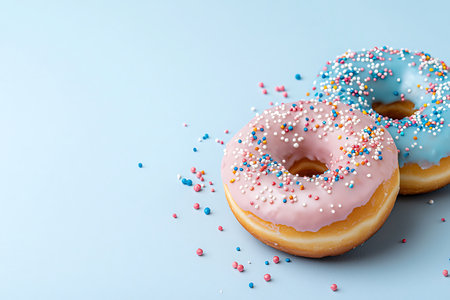 Delicious donuts with sprinkles on blue background, closeupの写真素材