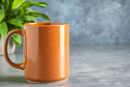 Orange ceramic mug on concrete background. Copy space for your text.の写真素材