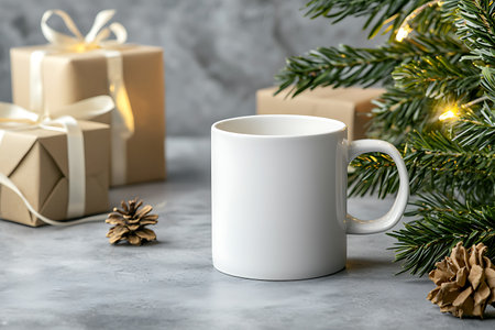 White mug with christmas decorations on gray background. Mockup for design.の写真素材