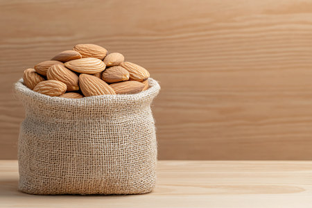 Almond nuts in sack on wooden background. Healthy food concept.の写真素材