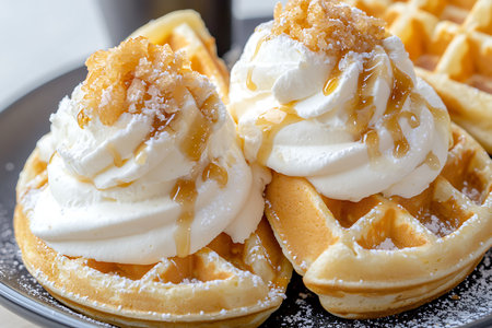 waffles with whipped cream and caramel on a plate, closeupの写真素材