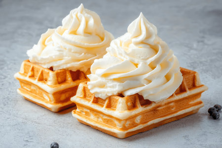 Belgian waffles with whipped cream on a gray concrete background.の写真素材