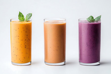 Three glasses of smoothies on a white background, close-upの写真素材