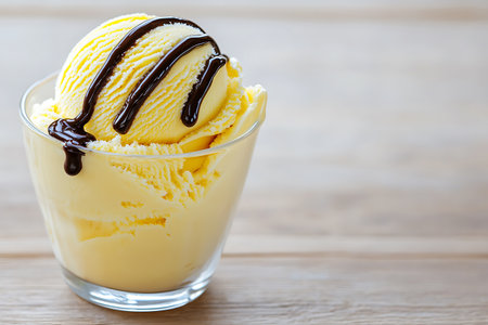 Vanilla ice cream with chocolate sauce in glass on wood table backgroundの写真素材