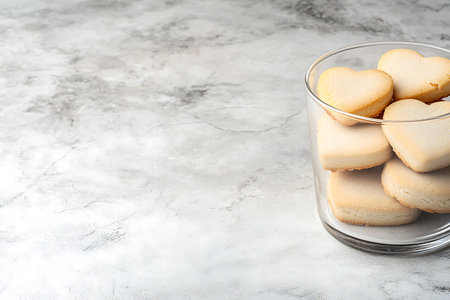 Heart shaped cookies in glass on white marble table, space for textの写真素材