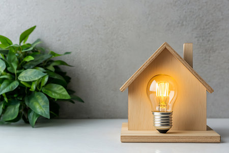 Light bulb in a wooden house on a gray background. The concept of energy saving.の写真素材