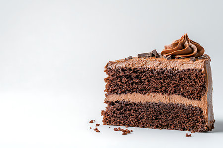 Chocolate cake on white background. Copy space for your text.の写真素材