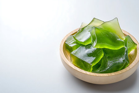 Sliced aloe vera in wooden bowl on white backgroundの写真素材