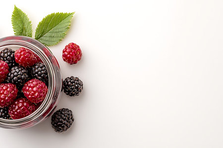 Blackberries and raspberries in a glass jar on a white background
