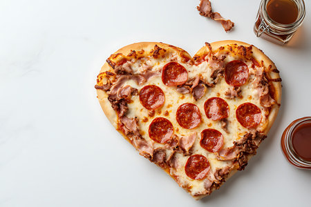 Heart shaped pizza with ham, cheese and pepperoni on white marble backgroundの写真素材