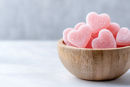 Pink heart shaped jelly candies in wooden bowl on white wooden background.の写真素材