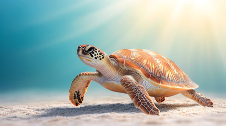 Turtle on the sand against the background of the sea. 3d illustration