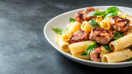 Penne pasta with bacon and fresh basil, black background, copy spaceの写真素材