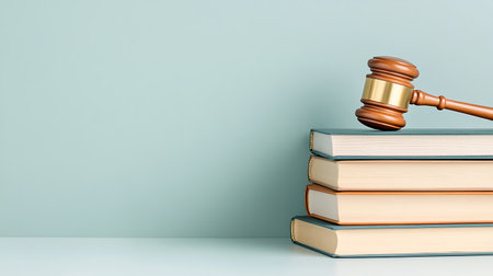 Wooden judge gavel and stack of books on white table, law and justice conceptの写真素材