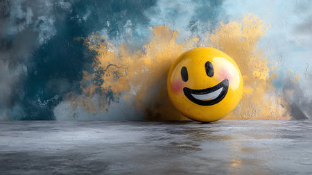 Funny yellow smiley ball on concrete floor and grunge wall backgroundの写真素材