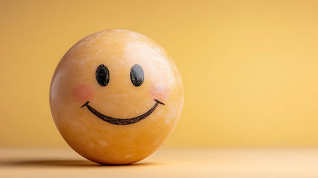 Smiling smiley ball on yellow background with copy space for text