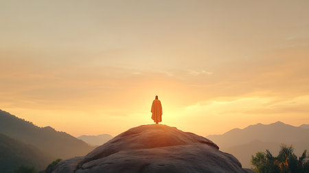Silhouette of a man standing on top of a mountain and looking at the sunsetの写真素材