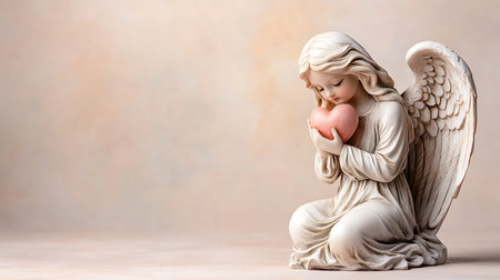 Angel with a heart on a beige background. Copy space.