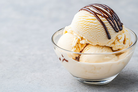 Vanilla Ice Cream Scoops with Chocolate Sauce in Glass Bowl, squareの写真素材