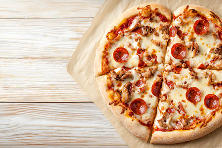 Pizza with mozzarella cheese on wooden backgroundの写真素材