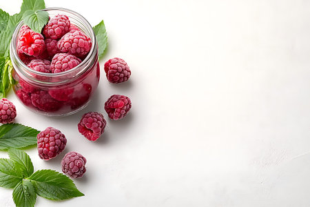 Glass jar with fresh ripe raspberries and mint on white background