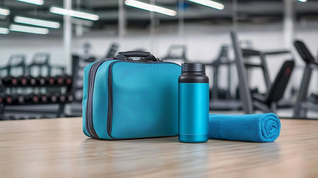 blue sport bag and bottle of water on the floor in the gymの写真素材