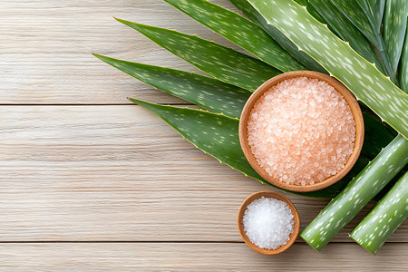 Spa still life with aloe vera and sea salt on wooden backgroundの写真素材