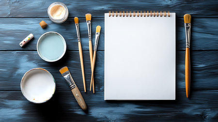Paint brushes, palette and blank notepad on blue wooden backgroundの写真素材