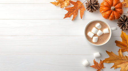 Flat lay composition with hot chocolate and autumn leaves on white wooden table. Space for text