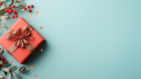 Christmas composition. Gifts, eucalyptus branches and berries on blue background. Flat lay, top view, copy spaceの写真素材