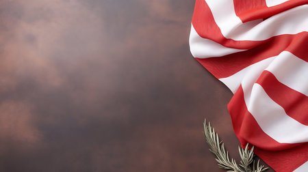 American flag with rosemary twig on brown background with copy spaceの写真素材