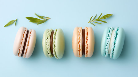 Colorful macaroons on blue background. Top view, flat layの写真素材