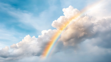 Rainbow in the blue sky with clouds. Panoramic image.の写真素材